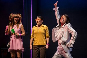 Jo Mei (Ming-Ming), Jennifer Lim (Sunny) and Francis Jue (Mr. Destiny) in the world-premiere production of The World of Extreme Happiness by Frances Ya-Chu Cowhig at Goodman Theatre