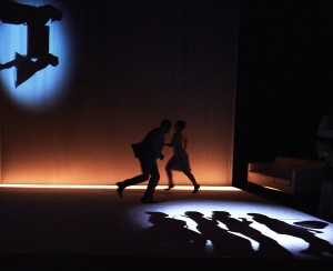Scene from ILLUSIONS at the Baryshnikov Arts Center, directed by Cazimir Liske and starring Anthony Gaskins, Stephanie Hayes, Annie Purcell, and Mickey Solis. Photo by Anna Lee Campbell