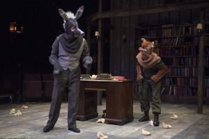 Benjamin (Will Allan) questions the new leadership supported by Squealer (Amelia Hefferon) in Steppenwolf Theatre Company’s production of Animal Farm, a world premiere adaptation by Althos Low, directed by Hallie Gordon.