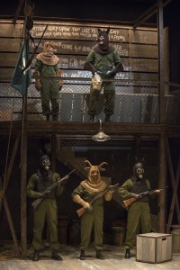 (left to right, top to bottom) Squealer (Amelia Hefferon), Napoleon (Blake Montgomery), Dog (Sean Parris), Muriel (Mildred Marie Langford) and Dog (Dana Murphy) enforce a new order in Steppenwolf Theatre Company’s production of ANIMAL FARM, a world premiere adaptation by Althos Low, directed by Hallie Gordon.