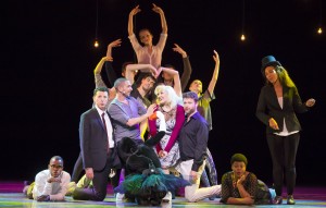 Hubbard Street + The Second City in The Art of Falling. Center, from left: Tim Mason, Jesse Bechard, Carisa Barreca and Joey Bland. Below, from left: Travis Turner, Jessica Tong and Rashawn Scott. Far right: Tawny Newsome. Hubbard Street Dancers, clockwise from top: Alice Klock, Jason Hortin, Emilie Leriche, Andrew Murdock, Jane Rehm and Michael Gross. Photo by Todd Rosenberg.