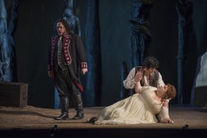 Quinn Kelsey, Yonghoon Lee, and Amber Wagner in IL TROVATORE at Lyric Opera of Chicago. Photo by Michael Brosilow.