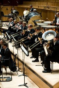 The brass and percussion sections of the London Philharmonic Orchestra (Photo © Richard Cannon)