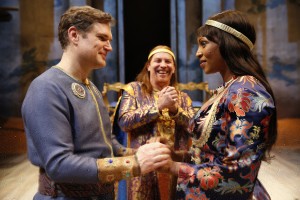 Pericles (Ben Carlson) weds Thaisa (Lisa Berry) to the delight of her father, King Simonides (Kevin Gudahl, at center) in Chicago Shakespeare Theater’s production of Shakespeare’s Pericles, directed by David H. Bell, now through January 18, 2015.