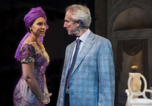 Grace Mugabe (l. Leontyne Mbele-Mbong) has an intimate chat with Dr. Peric (r. Dan Hiatt) about the president’s progress in Aurora Theatre Company’s West Coast Premiere of Breakfast with Mugabe