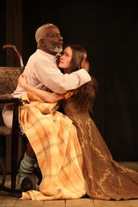 Joseph Marcell as Lear and Bethan Culinane as Cordelia in the Globe on Tour production of KING LEAR. Photo by Ellie Kurttz.