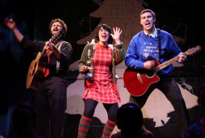 Nick Curatolo, Analisha Santini, and David Kaplinsky perform a medley of holiday favorites in IT’S A WONDERFUL SANTALAND MIRACLE, NUTCRACKING CHRISTMAS STORY… JEWS WELCOME! at Stage 773. Photo by Stephanie Vera Photography.