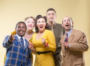 AeJay Mitchell, Heather Orth, Dyan McBride, Tyler McKenna, and Brian Herndon sing "There's a Happy Land in the Sky" in 42nd Street Moon's production of Something for the Boys, playing November 26 - December 14, 2014 at The Eureka Theatre