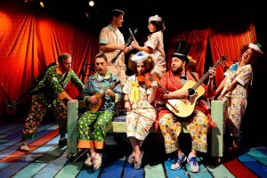 (back, left to right) Doug Pawlik and Dana Omar with (front, left to right) Robert McLean, Shawn Pfautsch, Lauren Vogel, Matt Kahler and Christine Stulik in The Hypocrites’ world premiere adaptation of Gilbert and Sullivan’s H.M.S. PINAFORE, adapted and directed by Sean Graney.  Photo by Evan Hanover.