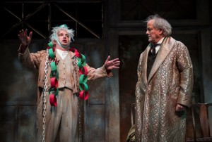 (L to R) Peter Gwinn (Jacob Marley) and Francis Guinan (Scrooge) in The Second City’s Twist Your Dickens, Or Scrooge You! by Peter Gwinn and Bobby Mort at Goodman Theatre - photo by Liz Lauren.