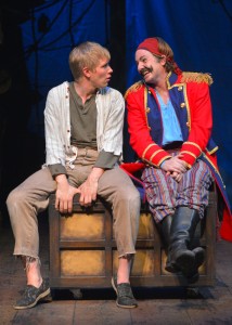 Peter (Tim Homsley) and Black Stache (Patrick Kelly Jones) have a heart to heart in the TheatreWorks production of PETER AND THE STARCATCHER playing December 3, 2014 - January 3, 2015 at the Lucie Stern Theatre in Palo Alto. Photo by Keven Berne.