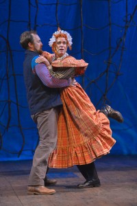 Slank (Will Springhorn Jr.) catches Mrs. Bumbrake (Ron Campbell) in the TheatreWorks production of PETER AND THE STARCATCHER playing December 3, 2014 - January 3, 2015 at the Lucie Stern Theatre in Palo Alto. Photo by Keven Berne.
