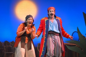 Smee (Suzanne Grodner) and Black Stache (Patrick Kelly Jones) are astonished in the TheatreWorks production of PETER AND THE STARCATCHER playing December 3, 2014 - January 3, 2015 at the Lucie Stern Theatre in Palo Alto. Photo by Keven Berne.