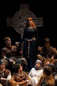 Macbeth’s widow Gruach (Siobhan Redmond) surrounded by her court in David Grieg’s Dunsinane, an imagined sequel to Shakespeare’s Macbeth from the National Theatre of Scotland and the Royal Shakespeare Company. Photo by Richard Campbell.