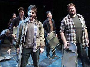 (front, left to right) Garrett Lutz and Scott Danielson with (back, left to right) Jake Morissy, Matt Frye, George Toles and Greg Foster in Kokandy’s Productions’ THE FULL MONTY with music and lyrics by David Yazbek, book by Terrence McNally, directed by John D. Glover, choreography by Danny Spagnuolo and music direction by Kory Danielson. Credit: Joshua Albanese Photography.