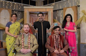 (clockwise from top left)  Alka Nayyar, Kamal J. Hans, Suzan Faycurry, Kaiser Ahmed and Riley McIlveen star in Rasaka Theatre’s A Nice Indian Boy at Victory Gardens Theater