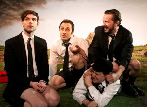 Lane Flores, Dan Behrendt, John Wilson and Layne Manzer in Mary-Arrchie Theatre Co.’s production of OUR BAD MAGNET by Douglas Maxwell, directed by Carlo Lorenzo Garcia. Photo by Ashley Rose.