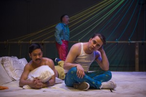 Bryan Bosque, Ben Werling (back) and Kevin Viol in Shattered Globe Theatre’s Chicago premiere of THE GROWN-UP by Jordan Harrison, directed by Krissy Vanderwarker.  Photo by Michael Brosilow.