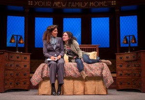Tawny Newsome (Ella Elizondo) and Alejandra Escalante (Rebecca Oaxaca) in The Upstairs Concierge by Kristoffer Diaz, directed by KJ Sanchez at Goodman Theatre.