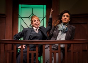 Theo Allyn (Mark Merriman) and Tawny Newsome (Ella Elizondo) in The Upstairs Concierge by Kristoffer Diaz, directed by KJ Sanchez at Goodman Theatre.