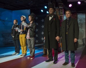 Jessie Fisher, Lane Flores, Matt Farabee, Nathan Hosner and Derrick Trumbly in About Face Theatre’s Chicago premiere of ABRAHAM LINCOLN WAS A F*GG*T by Bixby Elliot, directed by Andrew Volkoff.  Photo by Michael Brosilow.