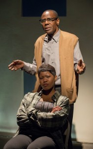 Kenn E. Head (top) and Anji White in American Theater Company's world premiere documentary play THE PROJECT(S). Photo by Michael Brosilow.