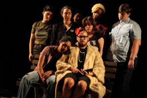 (front, left to right) Liam Camarillo and Donny Acosta with (back, left to right) Jac Spertus, Elena Maria Cohen, Sandy Nguyen, Amira Epshetsky, Jasmine Smith and Elliot Hobaugh in About Face Youth Theatre Ensemble’s world premiere of 15 BREATHS, directed by Ali Hoefnagel.  Photo by Emily Schwartz.