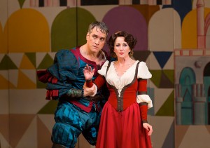Mike McGowan as Petruchio and Anastasia Barzee as Kate in the Hartford Stage-Old Globe co-production of KISS ME, KATE.