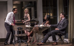 Bernard White (Amir), Nisi Sturgis (Emily), Zakiya Young (Jory) and J. Anthony Crane (Isaac) in Disgraced by Ayad Akhtar, directed by Kimberly Senior at Goodman Theatre.