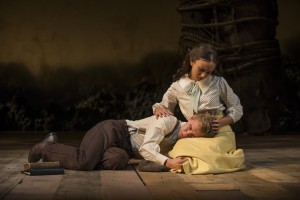 Casey Thomas Brown (Aron Trask) and Brittany Uomoleale (Abra Bacon) embrace in Steppenwolf Theatre Company’s production of John Steinbeck’s East of Eden, a world premiere adapted by ensemble member Frank Galati and directed by co-founder and ensemble member Terry Kinney.