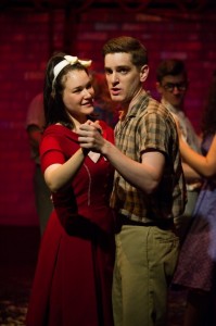 Emily Goldberg plays Rose and Garrett Lutz plays Birdlace in the BoHo Theatre production of DOGFIGHT. Photo by Amy Boyle.