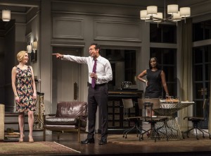 Nisi Sturgis (Emily), Bernard White (Amir) and Zakiya Young (Jory) in Disgraced by Ayad Akhtar, directed by Kimberly Senior at Goodman Theatre