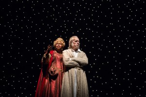 Lisa Gaye Dixon (Ghost of Christmas Present) and Larry Yando (Ebenezer Scrooge) in A Christmas Carol at Goodman Theatre (November 14 – December 27, 2015).