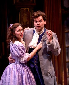 The young lovers Isabelle (Emily Peterson) and Eraste (Nate Burger) seek Geronte’s inheritance so they can wed in Chicago Shakespeare Theater’s production of David Ives’ The Heir Apparent, directed by John Rando, in CST’s Courtyard Theater November 29, 2016–January 17, 2016. Photo by Liz Lauren.