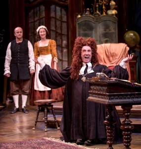 The diminutive lawyer Scruple (Patrick Kerr) is exasperated in penning Geronte’s will due to the high-jinks of servants Crispin (Cliff Saunders) and Lisette (Jessie Fisher) in Chicago Shakespeare Theater’s production of David Ives’ The Heir Apparent, directed by John Rando, in CST’s Courtyard Theater November 29, 2016–January 17, 2016. Photo by Liz Lauren.