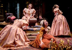 All disguised as a distant relation, Crispin (Cliff Saunders), Eraste (Nate Burger) and Isabelle (Emily Peterson) join Lisette (Jessie Fisher) in lamenting their plans unraveling in Chicago Shakespeare Theater’s production of David Ives’ The Heir Apparent, directed by John Rando, in CST’s Courtyard Theater November 29, 2016–January 17, 2016. Photo by Liz Lauren. 
