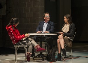 Emily Chang (Cassidy), Tom Irwin (Bill), and Melanie Neilan (Casey) in Steppenwolf Theatre Company’s production of Domesticated, written and directed by Bruce Norris.