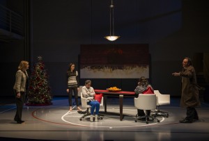 Mary Beth Fisher (Judy), Melanie Neilan (Casey), Emily Chang (Cassidy), Meighan Gerachis (Pilar), and Tom Irwin (Bill) in Steppenwolf’s production of Domesticated, written and directed by Bruce Norris.
