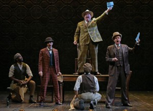 Christopher Henry Young, Joe Wegner, Daniel T. Parker (on table), Jonathan Luke Stevens, and David Kelly in The Oregon Shakespeare Festival Production of GUYS & DOLLS. Photo by Kevin Parry.