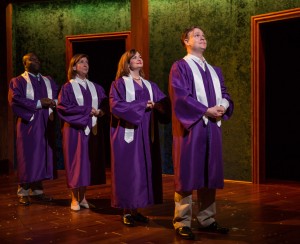 James Earl Jones II (Carlyle Meyers), Maureen Gallagher (Ensemble), Tiffany Scott (Janice) and Nate Whelden (Ensemble) in Carlyle by Thomas Bradshaw, directed by Benjamin Kamine at Goodman Theatre.