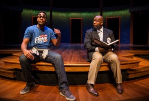 Levenix Riddle (Omar), James Earl Jones II (Carlyle Meyers) in Carlyle by Thomas Bradshaw, directed by Benjamin Kamine at Goodman Theatre.