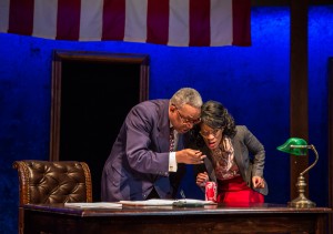Tim Edward Rhoze (Carlyle’s Father) and Charlette Speigner (Ensemble) in Carlyle by Thomas Bradshaw, directed by Benjamin Kamine at Goodman Theatre.