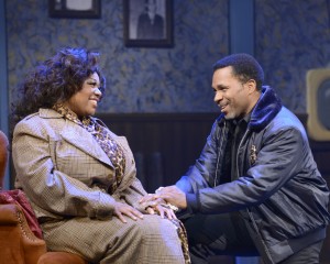 Constance Jewell Lopez as Deloris van Cartier and Anthony Manough as Eddie Souther in Musical Theatre West's Production of Sister Act.