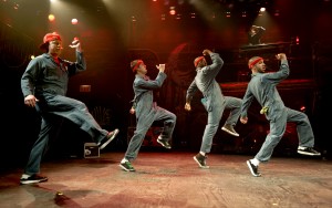 Jackson Doran (Cassio) teaches GQ, Postell Pringle and JQ the new dance craze in Chicago Shakespeare Theater’s production of Othello: The Remix, written, directed and composed by The Q Brothers.