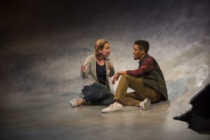 Jessie Fisher (Marianne) & Jon Michael Hill (Roland) in Steppenwolf Theatre Company’s production of CONSTELLATIONS - photo by Michael Brosilow.