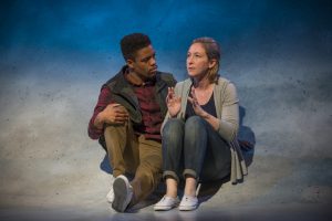 Jon Michael Hill (Roland) & Jessie Fisher (Marianne) in Steppenwolf Theatre Company’s production of CONSTELLATIONS - photo by Michael Brosilow