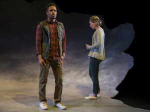Jon Michael Hill (Roland) & Jessie Fisher (Marianne) in Steppenwolf Theatre Company’s production of CONSTELLATIONS - photo by Michael Brosilow.