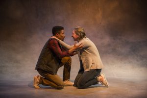 Jon Michael Hill (Roland) & Jessie Fisher (Marianne) in Steppenwolf Theatre Company’s production of CONSTELLATIONS. Photo by Michael Brosilow.
