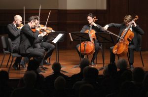 The Calder Quartet, which was formed at USC Thornton, perform with cellist Antonio Lysy. (Photo by Daniel Anderson-USC)