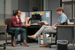 Miles, the intern (Jared Corbin), talks with Dean (Jeremy Kahn) about his ambitions in Branden Jacobs-Jenkins’s Gloria, performing at A.C.T.’s Strand Theater now through Sunday, April 12, 2020. Photo: Kevin Berne